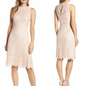 ELIZA J Lace Sheath Dress Blush Pink Peach Sz 8 Feminine Wedding Party Pastel